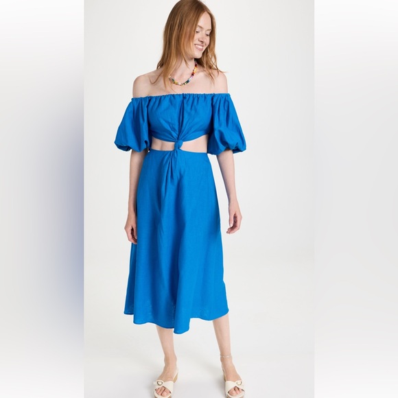 Farm Rio Linen Blend Midi Dress Blue Off-Shoulder Knot Cut-Out Women’s Small - Picture 6 of 16